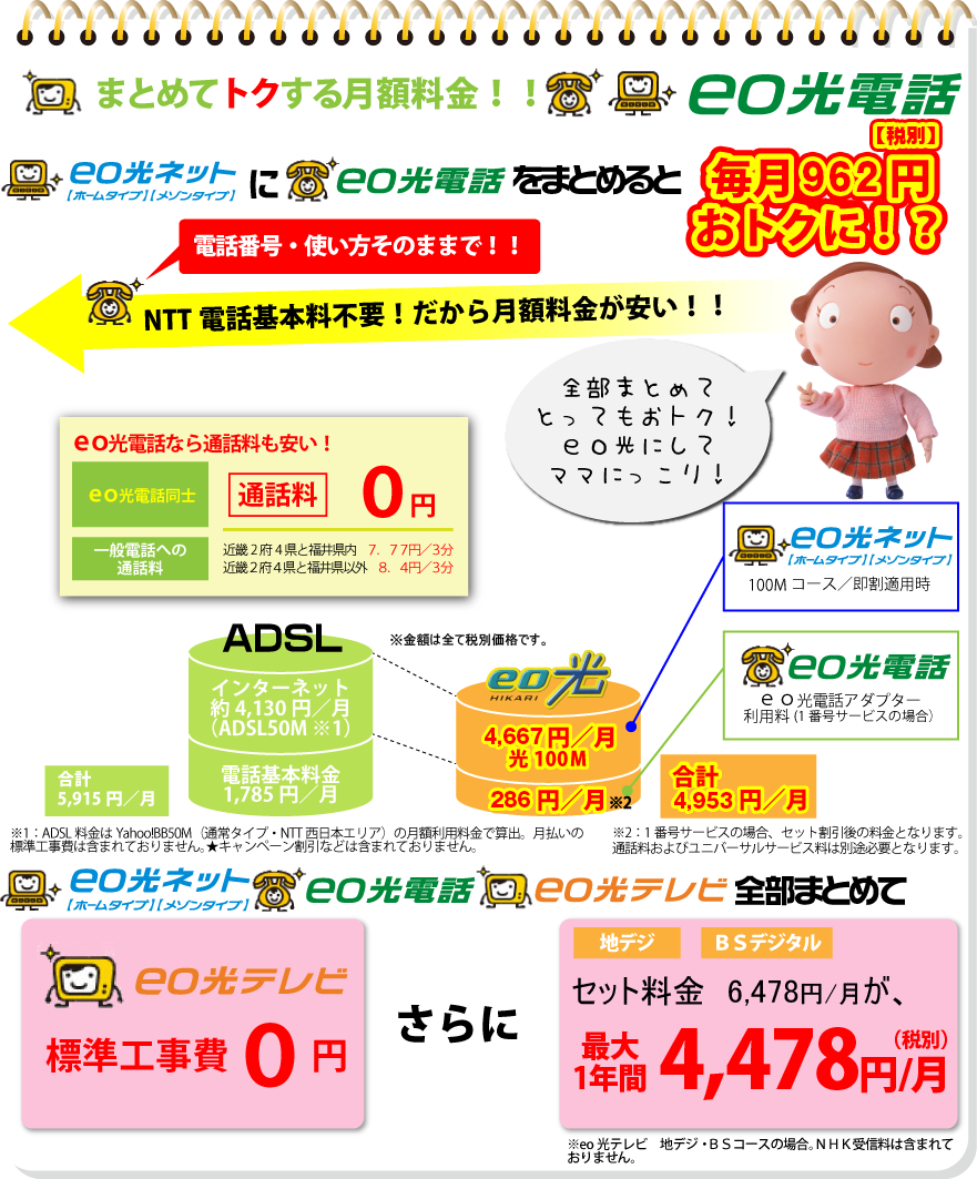 eo光電話:まとめて得する月額料金!:eo光ネットとeo光電話をまとめると月額785円おトクです!:全部まとめてeo光!